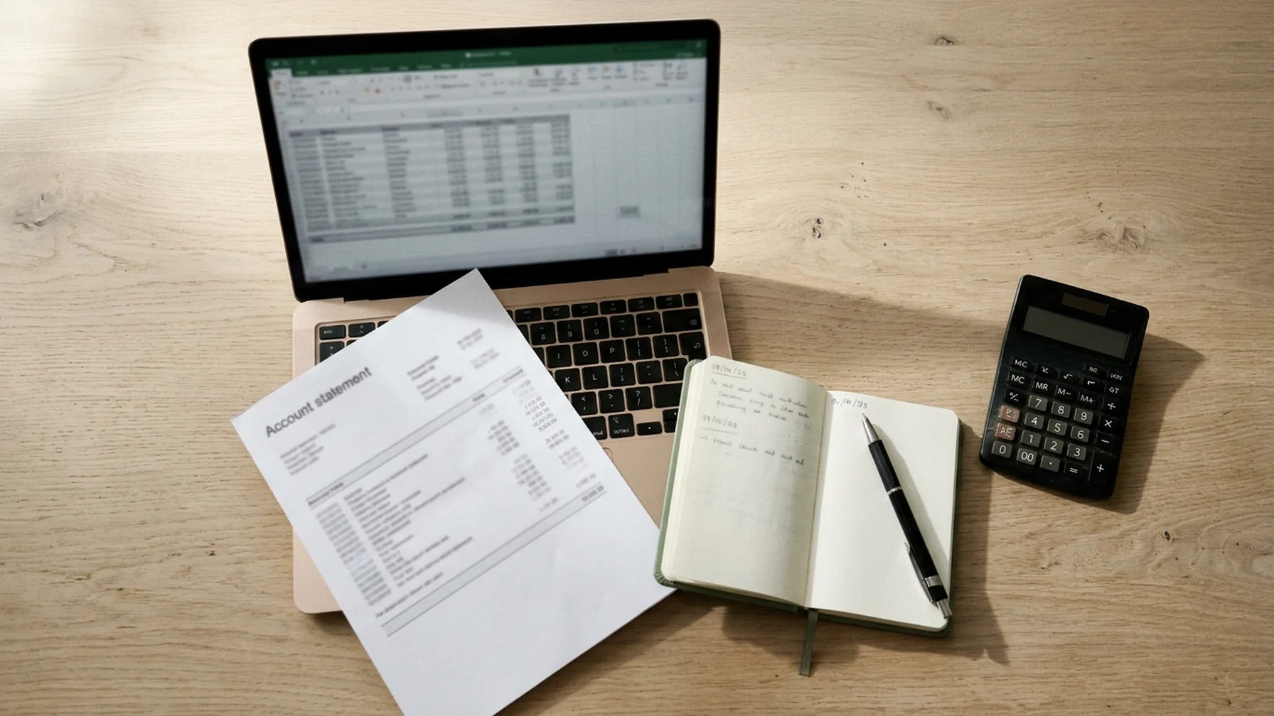 A desk with a laptop showing a spreadsheet of dated crypto transactions, a printed brokerage statement beside it, and a calculator resting on a notebook in daylight.